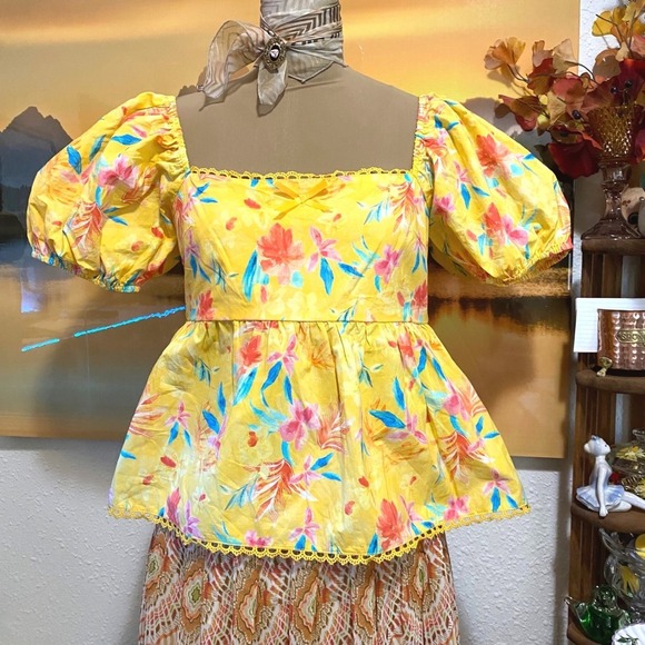 Umgee Tops - New Umgee Floral Babydoll Top Puff Sleeve Women L Yellow Tropical (Bin 1)